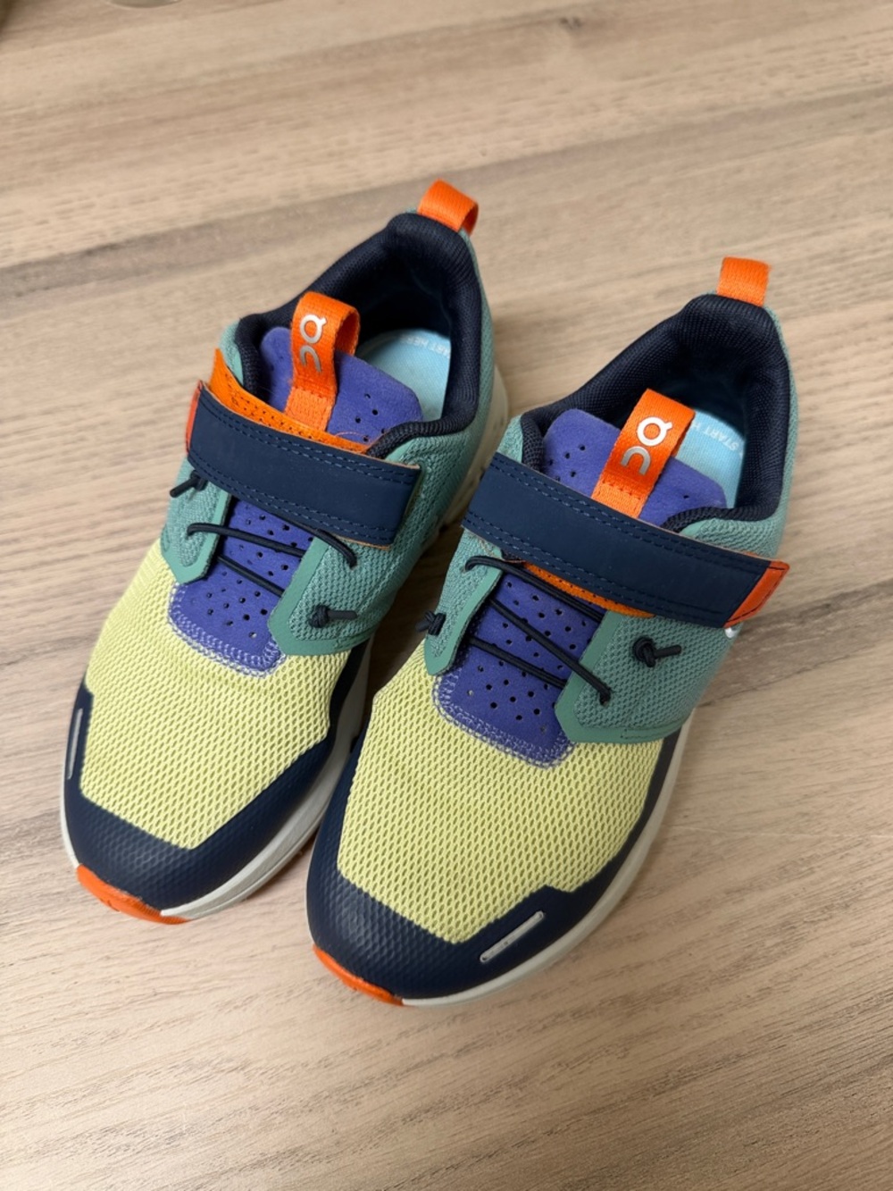 On Running Kids Colorblock Sneakers Yellow Green Blue with Orange Purple Accents